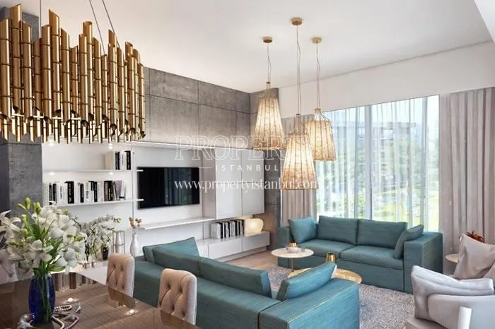 Blue lounge suite in one of the apartments in Adim Istanbul