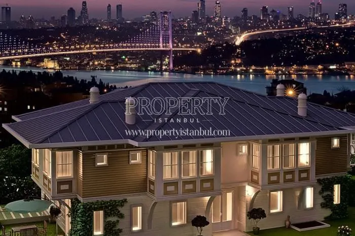 One of the luxury mansions with the Bosphorus Bridge at night