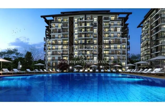 The swimming pool in Atlantik Life in the evening