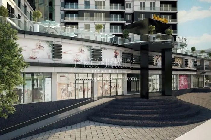 The shopping center under the residential buildings