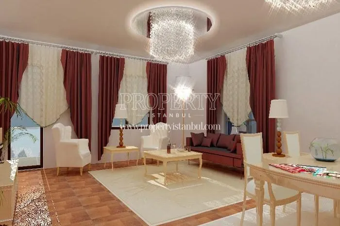 Red and white furnished living room in Aysegul Park Evleri
