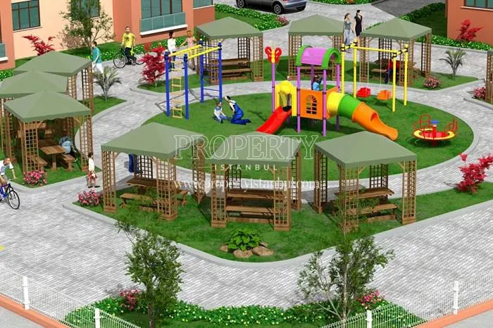 The wooden pergolas around the kids’ playground in Azimvera
