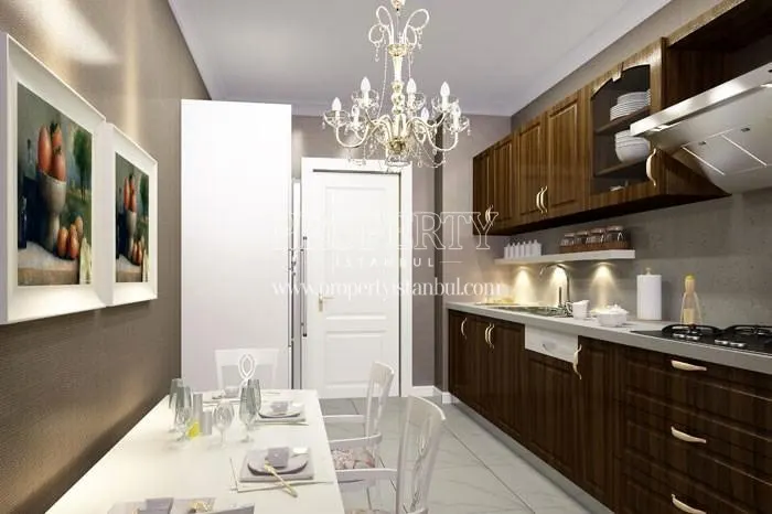 The kitchen with wooden kitchen cabinets in Babacan Palace