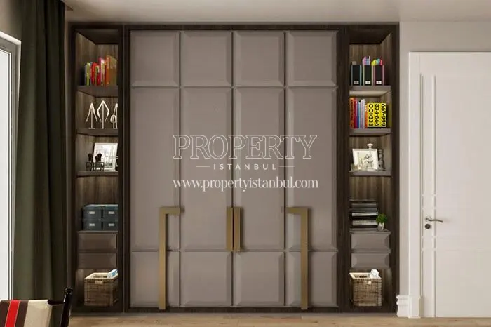 Modern bookcase in one of the flats in Bahcesehir Park
