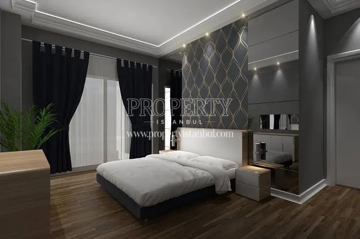 White bed and black curtains in the bedroom in Basak Palace