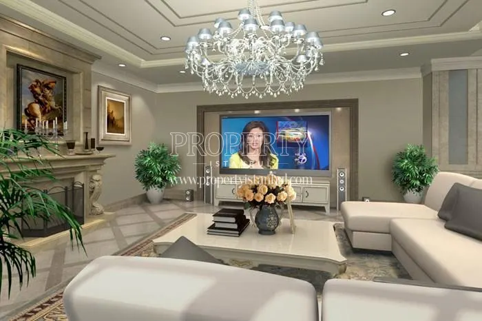 Spacious luxury living room with a fireplace in Batimahal