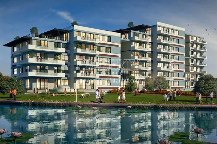 Verdant garden and artificial lake in the Bulvar Istanbul compound