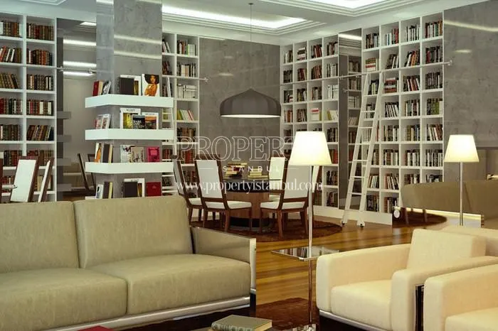 The living room with big bookcases in Bulvar Istanbul