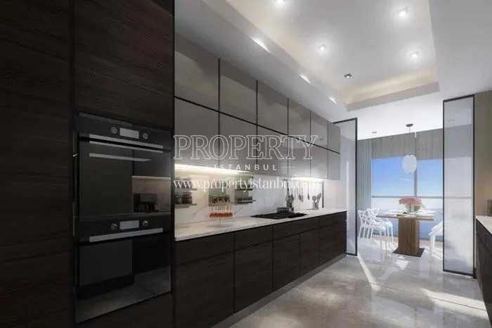 The kitchen with black and white kitchen cabinets in Buyukyali Istanbul