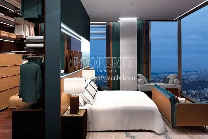 The luxury bedroom with a city view in Ciftci Towers