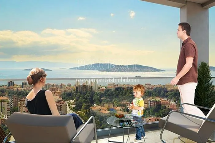 The family viewing the sea from their balcony in Cordella Kartal