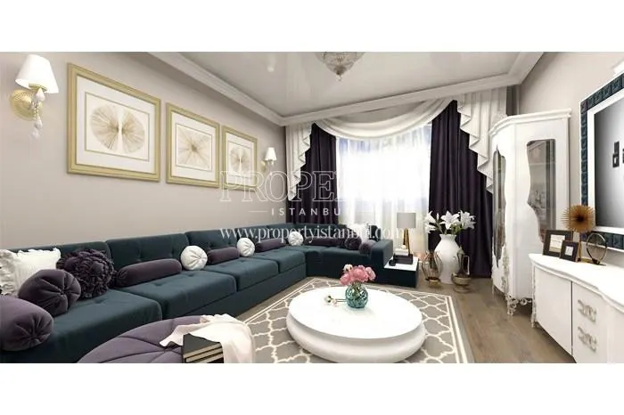 Long green corner couch in the living room