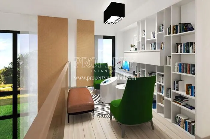 The white bookcase in one of the units in Dumankaya Mozaik
