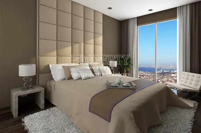 The master bedroom with a sea view in Evim Kadikoy