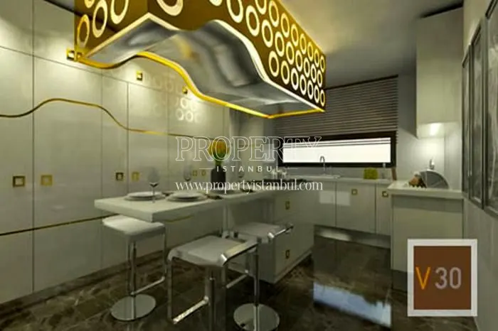 The white designed kitchen in Golmahal villas