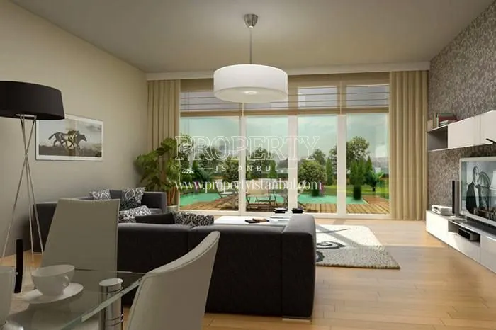 The spacious living room facing the swimming pool in Greenlife Residence