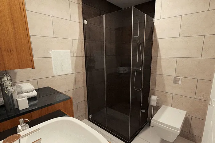 Small bathroom with a black shower cabin in Hol Park