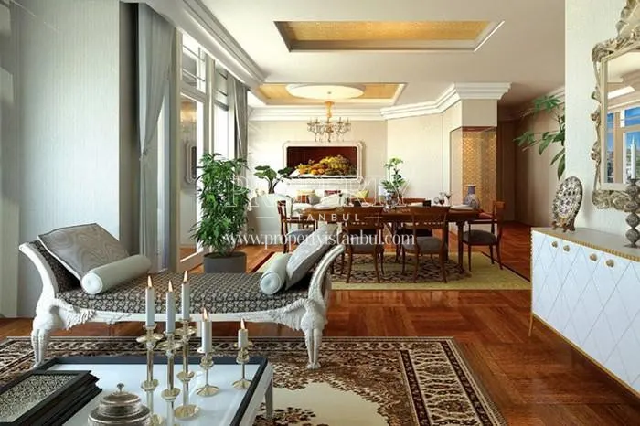 Wooden dining table in one of the living rooms in Istanbul Saraylari