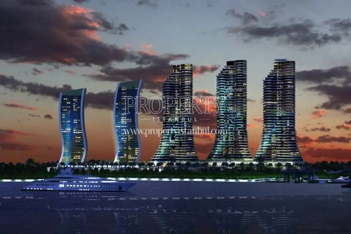 The night view of Istmarina Towers from the sea