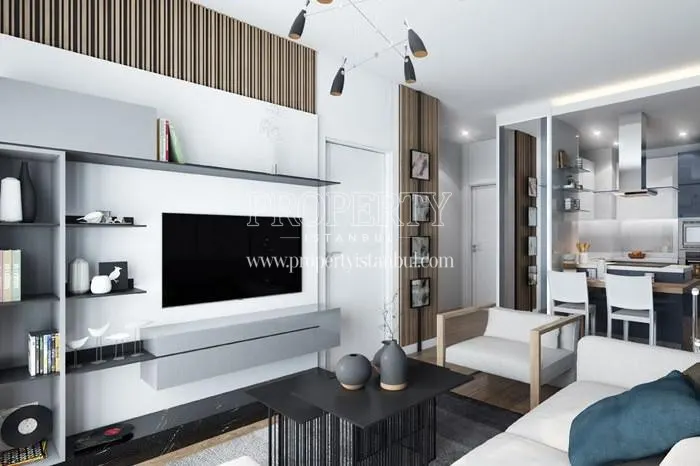 The living room of the sample apartment in Karat 34