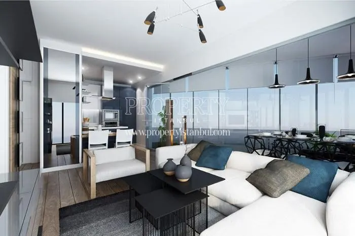 The living room of the sample apartment in Karat 34