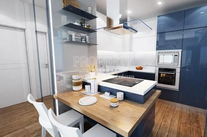 The kitchen of the sample apartment in the Karat 34 project