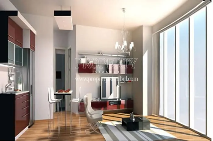 The red kitchen with a panoramic window in Kristal Residence