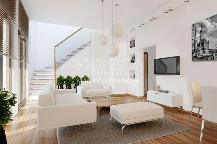 The living room of the duplex unit in Mahal Istanbul