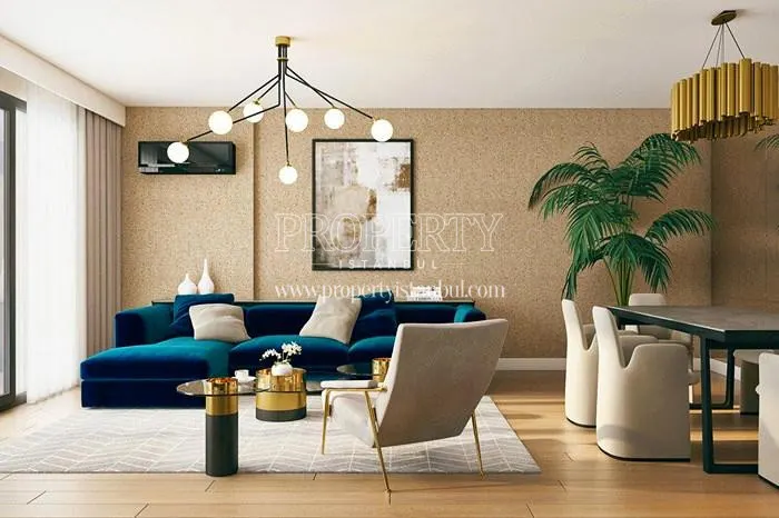 Blue corner sofa in one of the living rooms in Major Kurtkoy