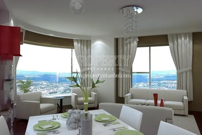 The living room with white furniture and the city view