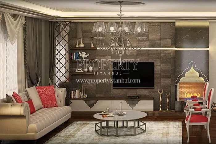 The living room with a fireplace in Mavera Saraylari