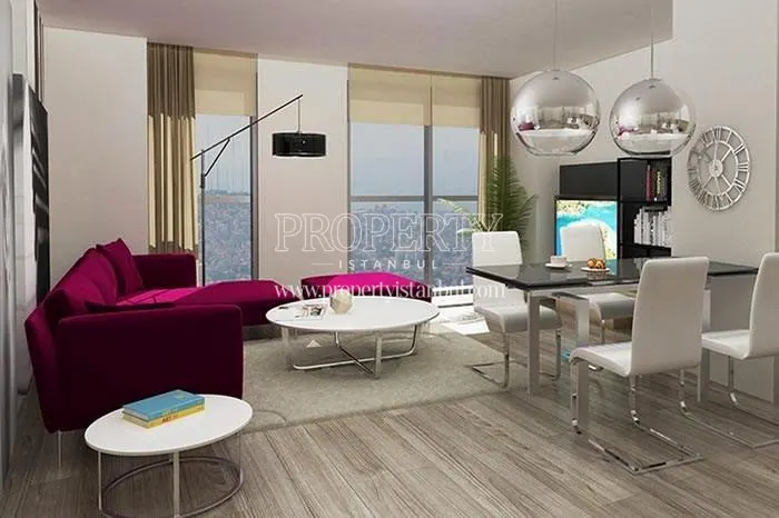 Purple corner sofa in the small living room in Oryapark Istanbul