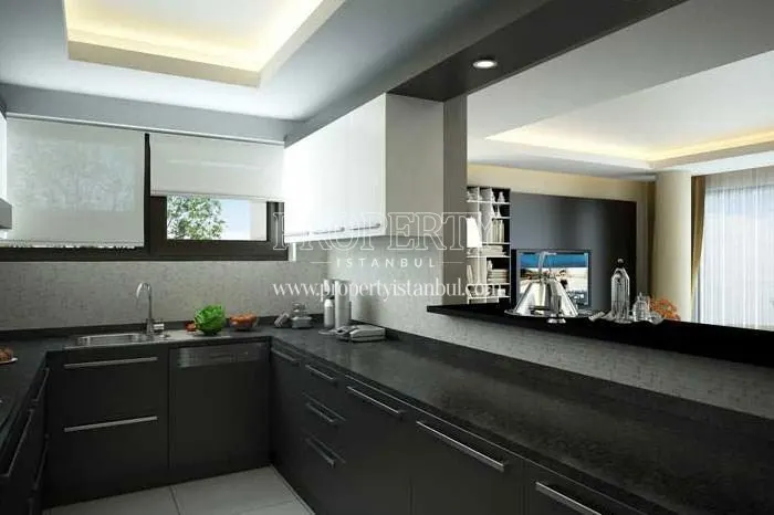 Narrow black kitchen in Quant Residence
