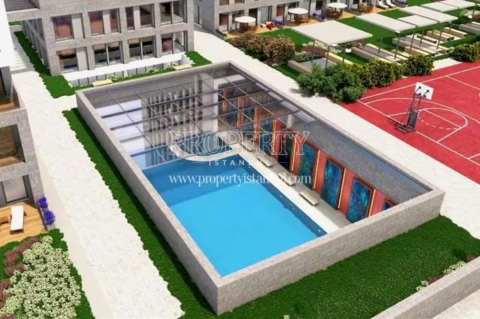 Collapsible glass roof of the swimming pool in Royal Garden Kartal