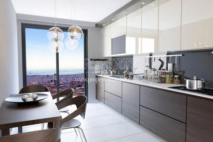 The kitchen with the sea and city view in Serenity Pendik