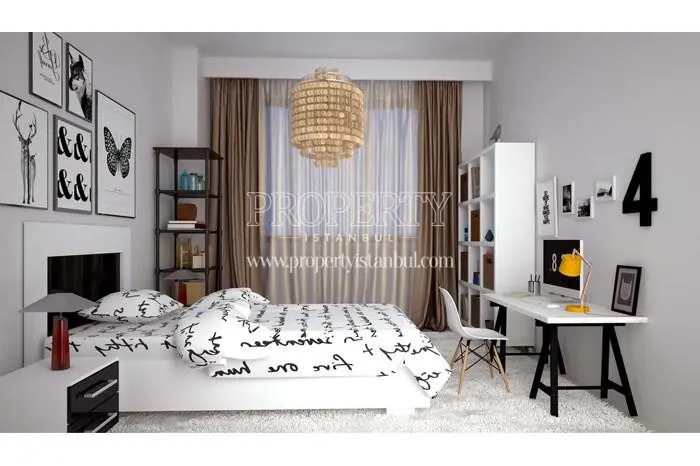 Black and white furnished bedroom in Seyir Istanbul
