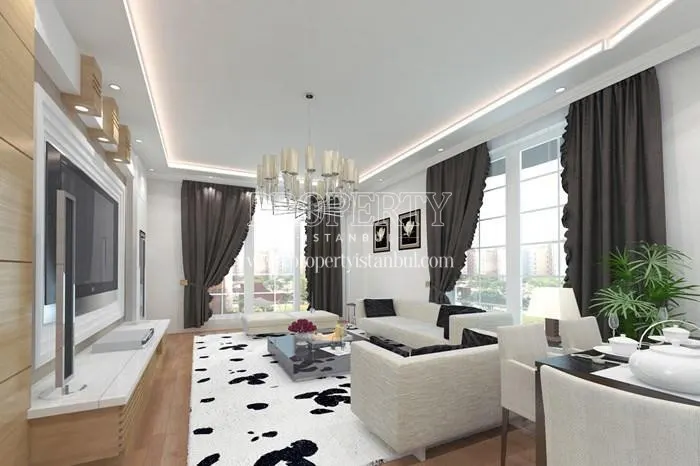 White lounge suite in the living room in Seyirtepe Evleri