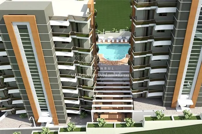 The swimming pool in front of the Silkroad Residence blocks