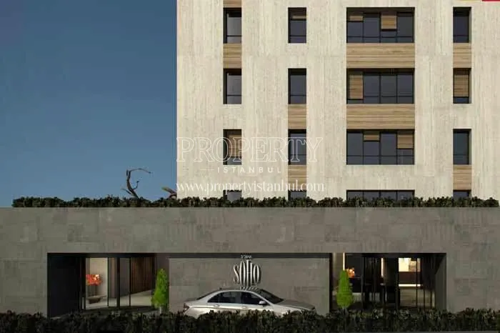 The entrance of the Soyak Soho building