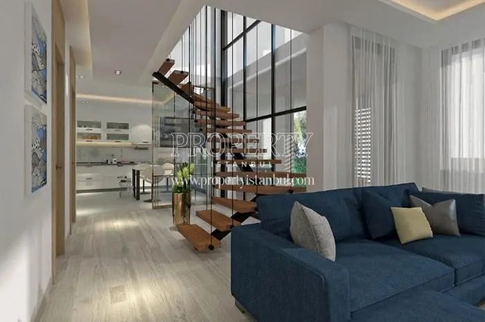 The interior stairs in one of the duplex units in Tarabya Life