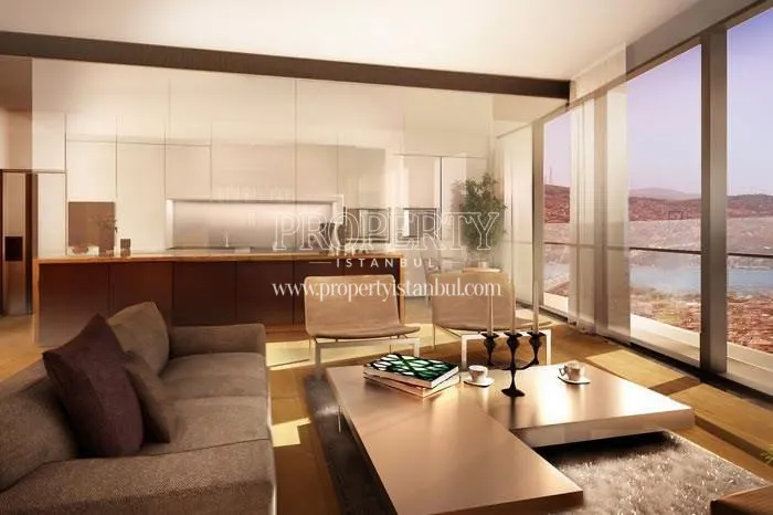 The kitchen and living room separated by a glass door in Zorlu Center