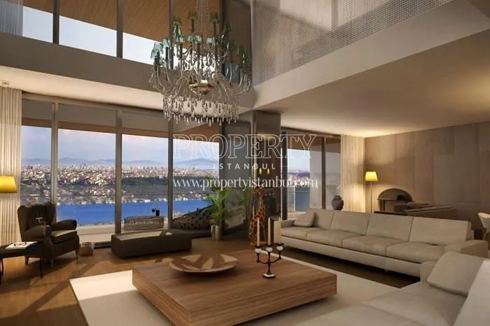 Spacious living room of the duplex unit with a Bosphorus view in Zorlu Center