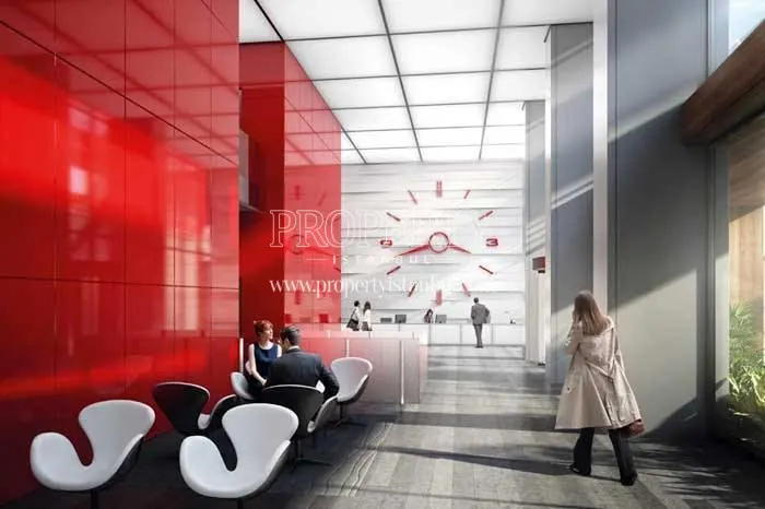 The lobby with red walls in iTower Bomonti
