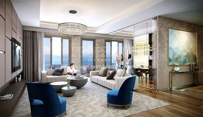 The happy family in the living room of Yesilmavi Maltepe