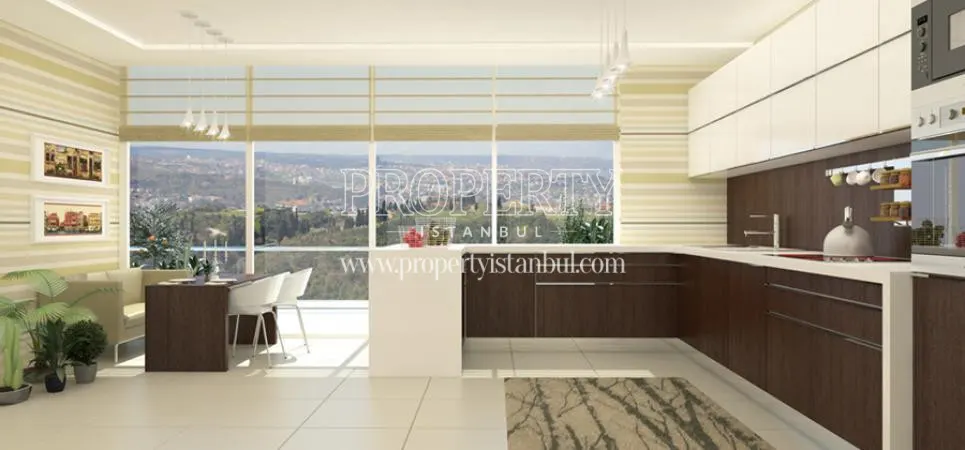 The kitchen with land view in Beykonak Evleri