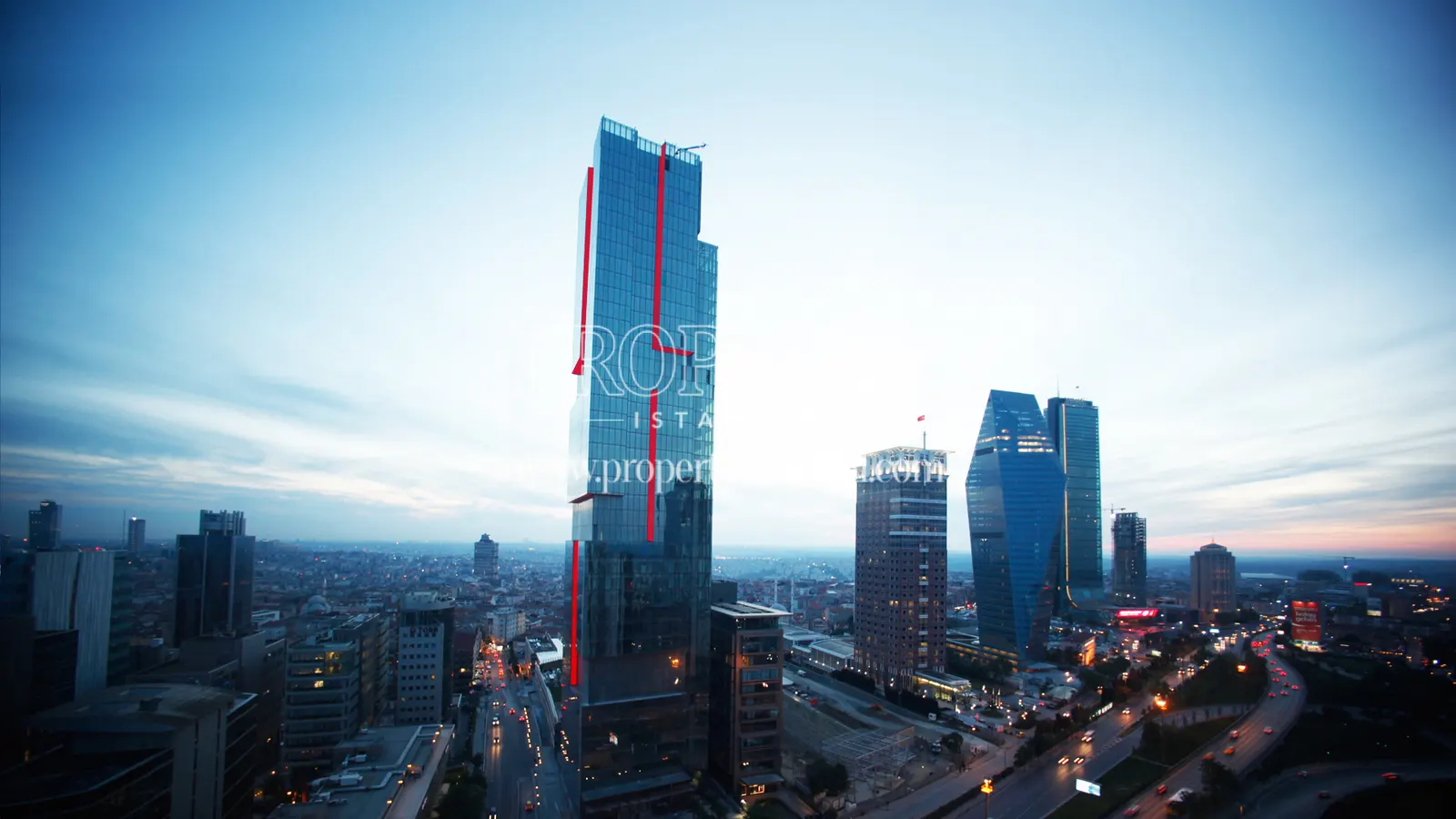 Levent 199 with the red lights on the building