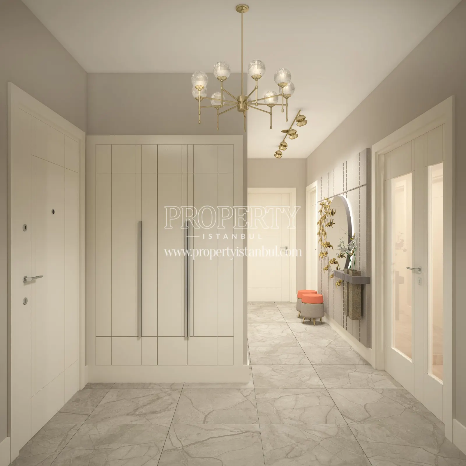 White interior of the sample apartment of Alya Onist