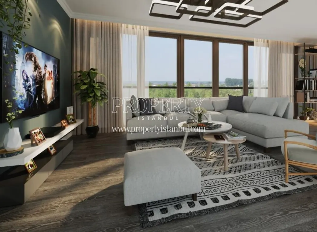The living room with a white corner sofa in the MiaPort Concept project