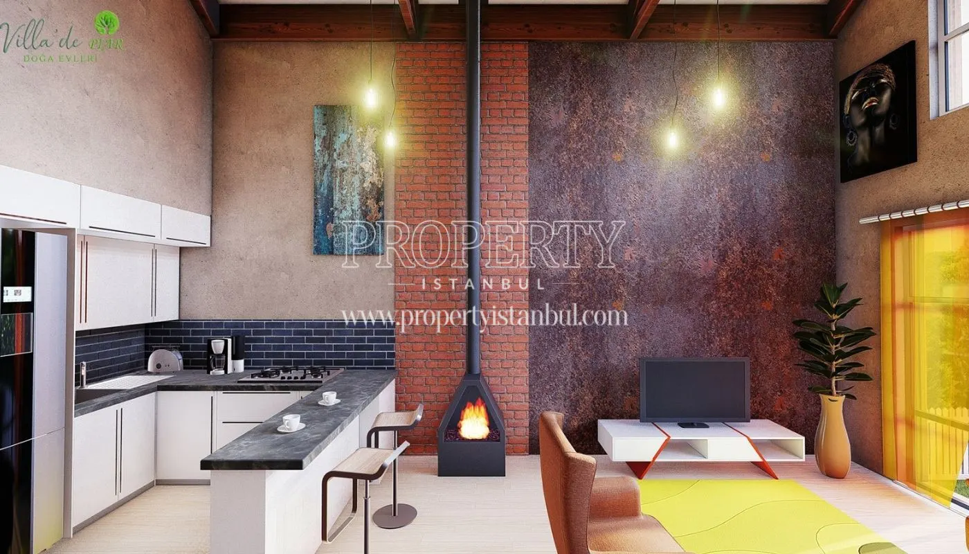 A living room with a fireplace in Villa'de PIAR Doga Evleri