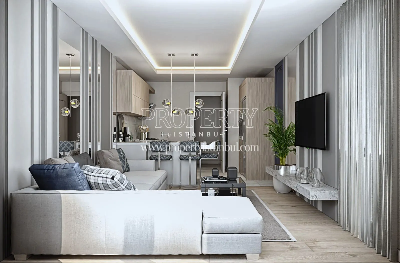Open kitchen and living room of an apartment in Hilal Life